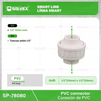 SP-78080-(Caja master 1 CTN=250 SKU)-(MOQ 10 SKU)-Tuercas unión 1/2"
Cuerpo de PVC