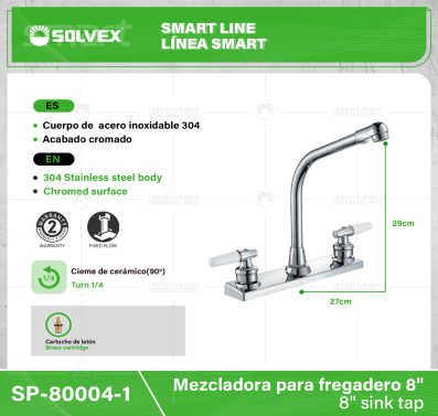 SP-80004-1-(Caja master 1 CTN=12 SKU)-(MOQ 1 SKU)-Mezcladora para fregadero 8"
Cuerpo de  acero inoxidable 304