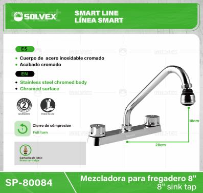 SP-80084-(Caja master 1 CTN=12 SKU)-(MOQ 1 SKU)-Mezcladora para fregadero 8"
Cuerpo de  acero inoxidable cromado