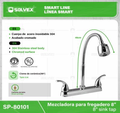 SP-80101-(Caja master 1 CTN=12 SKU)-(MOQ 1 SKU)-Mezcladora para fregadero 8"
Cuerpo de  acero inoxidable 304