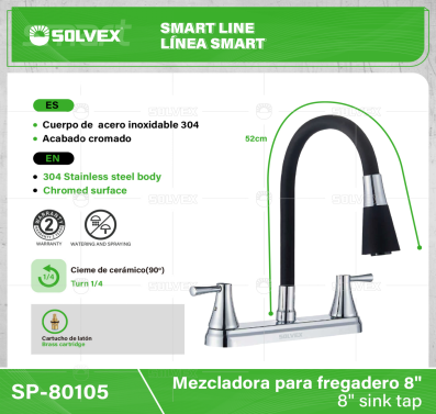 SP-80105-(Caja master 1 CTN=12 SKU)-(MOQ 1 SKU)-Mezcladora para fregadero 8"
Cuerpo de acero inoxidable 304