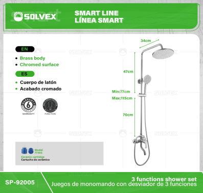 SP-92005-(Caja master 1 CTN=6 SKU)-(MOQ 1 SKU)-Juegos de monomando con desviador de 3 funciones
Cuerpo de latón con maneral de zinc