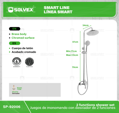 SP-92006-(Caja master 1 CTN=6 SKU)-(MOQ 1 SKU)-Juegos de monomando con desviador de 2 funciones
Cuerpo de latón con maneral de zinc