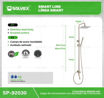 SP-92030-(Caja master 1 CTN=5 SKU)-(MOQ 1 SKU)-Juegos de monomando con desviador de 3 funciones
Cuerpo y maneral de acero inoxidable