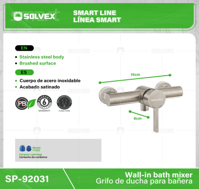 SP-92031-(Caja master 1 CTN=12 SKU)-(MOQ 1 SKU)-Grifo de ducha para bañera
Cuerpo y maneral de acero inoxidable