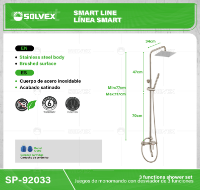 SP-92033-(Caja master 1 CTN=5 SKU)-(MOQ 1 SKU)-Juegos de monomando con desviador de 3 funciones
Cuerpo y maneral de acero inoxidable