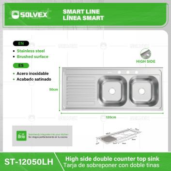 ST-12050LH-(Caja master 1 CTN=5 SKU)-(MOQ 5 SKU)-Tarja de sobreponer con doble tinas
Acero inoxidable