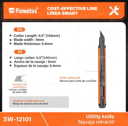 SW-12101-(Caja master 1 CTN=288 SKU)-(MOQ 24 SKU)-Largo cutter: 5"(145mm)
Ancho de la navaja : 9mm