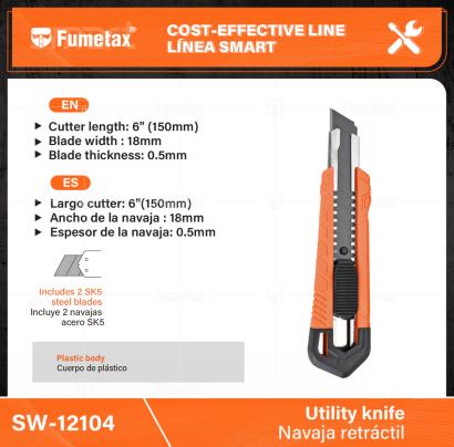 SW-12104-(Caja master 1 CTN=144 SKU)-(MOQ 12 SKU)-Largo cutter: 6"(150mm)
Ancho de la navaja : 18mm