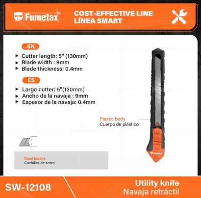 SW-12108-(Caja master 1 CTN=240 SKU)-(MOQ 24 SKU)-Largo cutter: 5"(130mm)
Ancho de la navaja : 9mm
