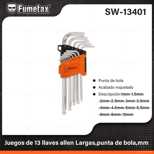 SW-13401-(Caja master 1 CTN=80 SKU)-(MOQ 20 SKU)-Juego de 13 llaves allen largas punta de bola,mm
Fabricadas en acero al cromo vanadio más resistentes al desgaste que las de acero al carbono