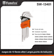 SW-13401 (Caja master 80)(MOQ 1 juego=1 blister) Juegos de 13 llaves allen Largas,punta de bola;mm