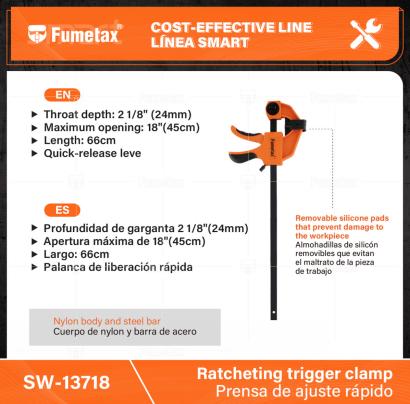 SW-13718-(Caja master 1 CTN=24 SKU)-(MOQ 1 SKU)-Cuerpo de nylon y barra de acero
Profundidad de garganta 2 1/8"(24mm)
