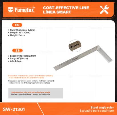SW-21301-(Caja master 1 CTN=100 SKU)-(MOQ 10 SKU)-Regla en acero inoxidable y mango 100% aluminio
Graduación por ambos lados (sistema métrico y standard) en bajo relieve con tinta negra para mejor visibilidad