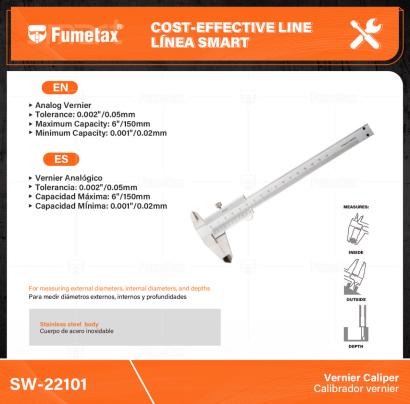 SW-22101-(Caja master 1 CTN=40 SKU)-(MOQ 1 SKU)-Cuerpo de acero inoxidable
Para medir diámetros externos, internos y profundidades