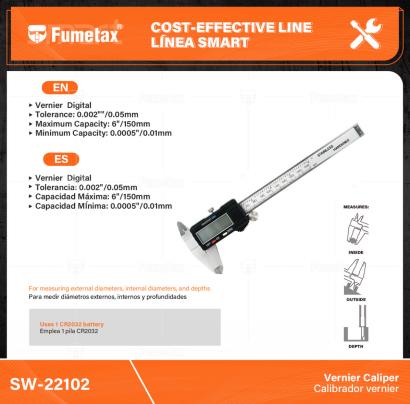 SW-22102-(Caja master 1 CTN=30 SKU)-(MOQ 1 SKU)-Emplea 1 pila CR2032
Para medir diámetros externos, internos y profundidades