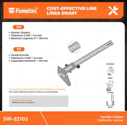 SW-22103-(Caja master 1 CTN=100 SKU)-(MOQ 10 SKU)-Material: acero al carbono
Para medir diámetros externos, internos y profundidades