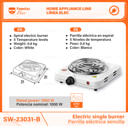 SW-23031-B-(Caja master 1 CTN=12 SKU)-(MOQ 1 SKU)-Parrilla eléctrica 1 quemador en espiral
Cuerpo de acero y quemador de acero inoxidable