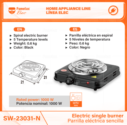 SW-23031-N-(Caja master 1 CTN=12 SKU)-(MOQ 1 SKU)-Parrilla eléctrica 1 quemador en espiral
Cuerpo de acero y quemador de acero inoxidable
