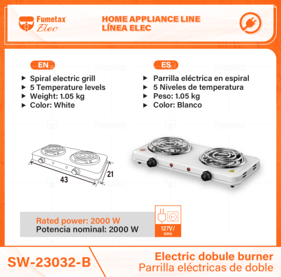 SW-23032-B-(Caja master 1 CTN=6 SKU)-(MOQ 1 SKU)-Parrilla eléctrica 2 quemadores en espiral
Cuerpo de acero y quemador de acero inoxidable