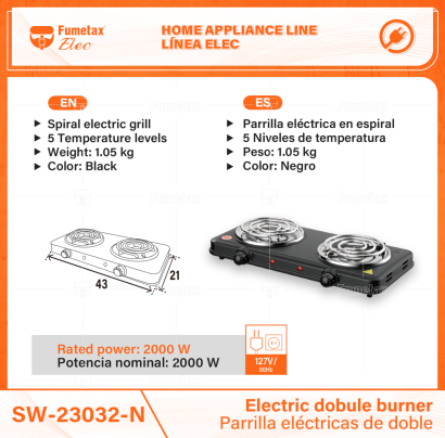 SW-23032-N-(Caja master 1 CTN=6 SKU)-(MOQ 1 SKU)-Parrilla eléctrica 2 quemadores en espiral
Cuerpo de acero y quemador de acero inoxidable