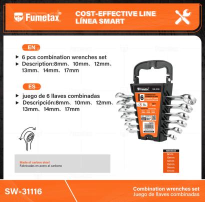 SW-31116-(Caja master 1 CTN=24 SKU)-(MOQ 1 SKU)-juego de 6 llaves combinadas
Fabricadas en acero al carbono