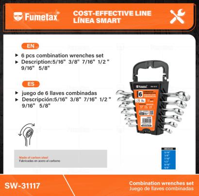 SW-31117-(Caja master 1 CTN=24 SKU)-(MOQ 1 SKU)-juego de 6 llaves combinadas
Fabricadas en acero al carbono