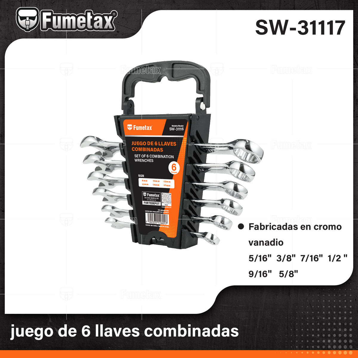 SW-31117-(Caja master 1 CTN=24 SKU)-(MOQ 1 SKU)-juego de 6 llaves combinadas
Fabricadas en cromo vanadio