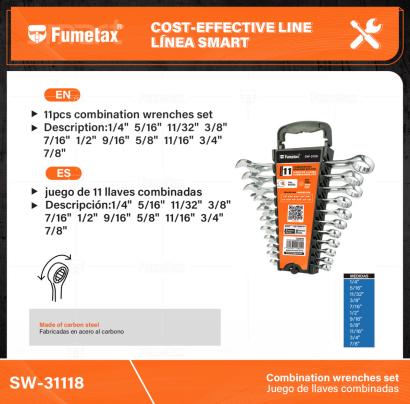 SW-31118-(Caja master 1 CTN=12 SKU)-(MOQ 1 SKU)-juego de 11 llaves combinadas
Fabricadas en acero al carbono