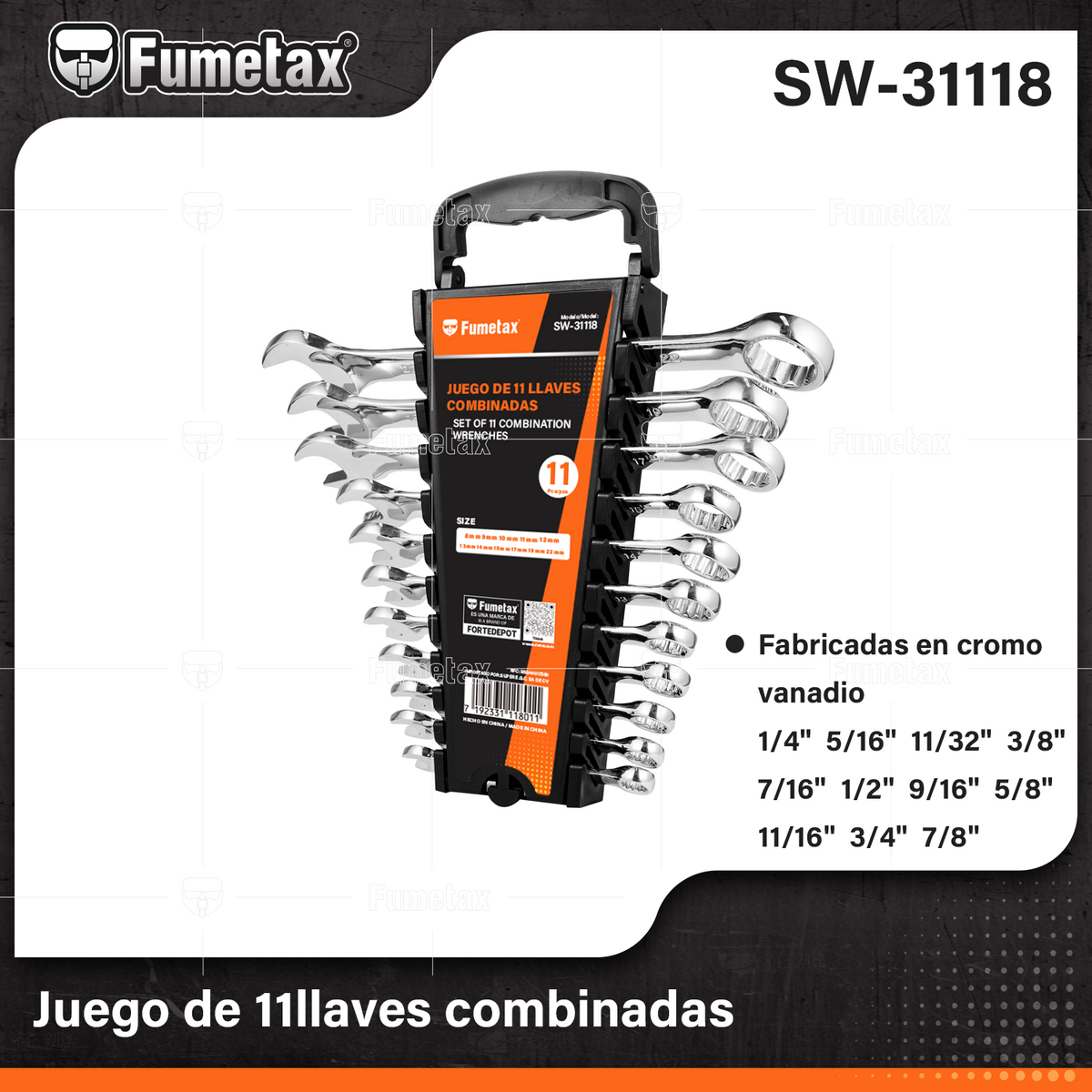 SW-31118-(Caja master 1 CTN=12 SKU)-(MOQ 1 SKU)-juego de 11 llaves combinadas
Fabricadas en cromo vanadio