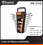 SW-31118 (Caja master 12)(MOQ 1 juego=1 gancho) Juego de 11llaves combinadas