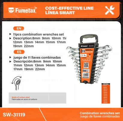SW-31119-(Caja master 1 CTN=12 SKU)-(MOQ 1 SKU)-juego de 11 llaves combinadas
Fabricadas en acero al carbono