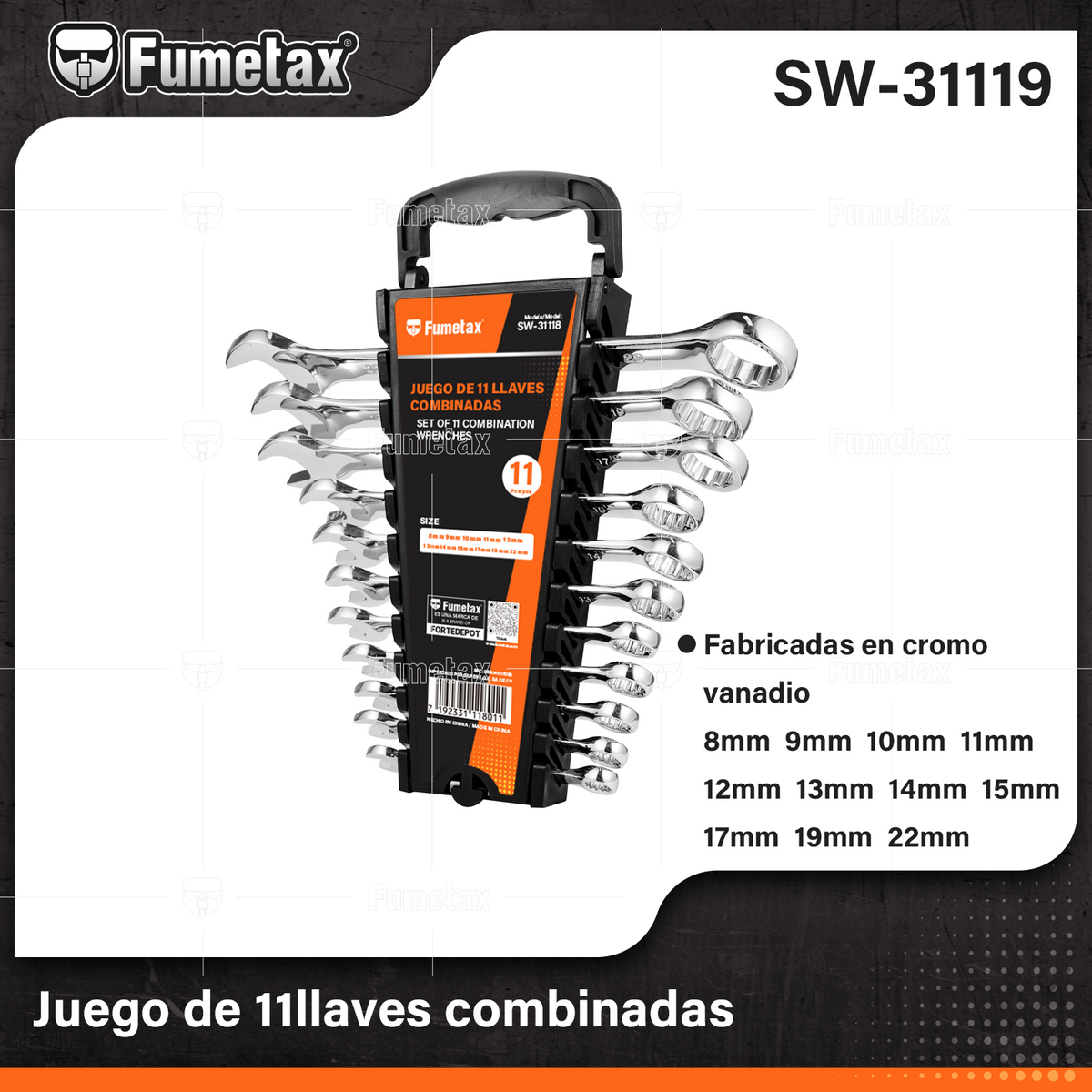 SW-31119-(Caja master 1 CTN=12 SKU)-(MOQ 1 SKU)-juego de 11 llaves combinadas
Fabricadas en cromo vanadio