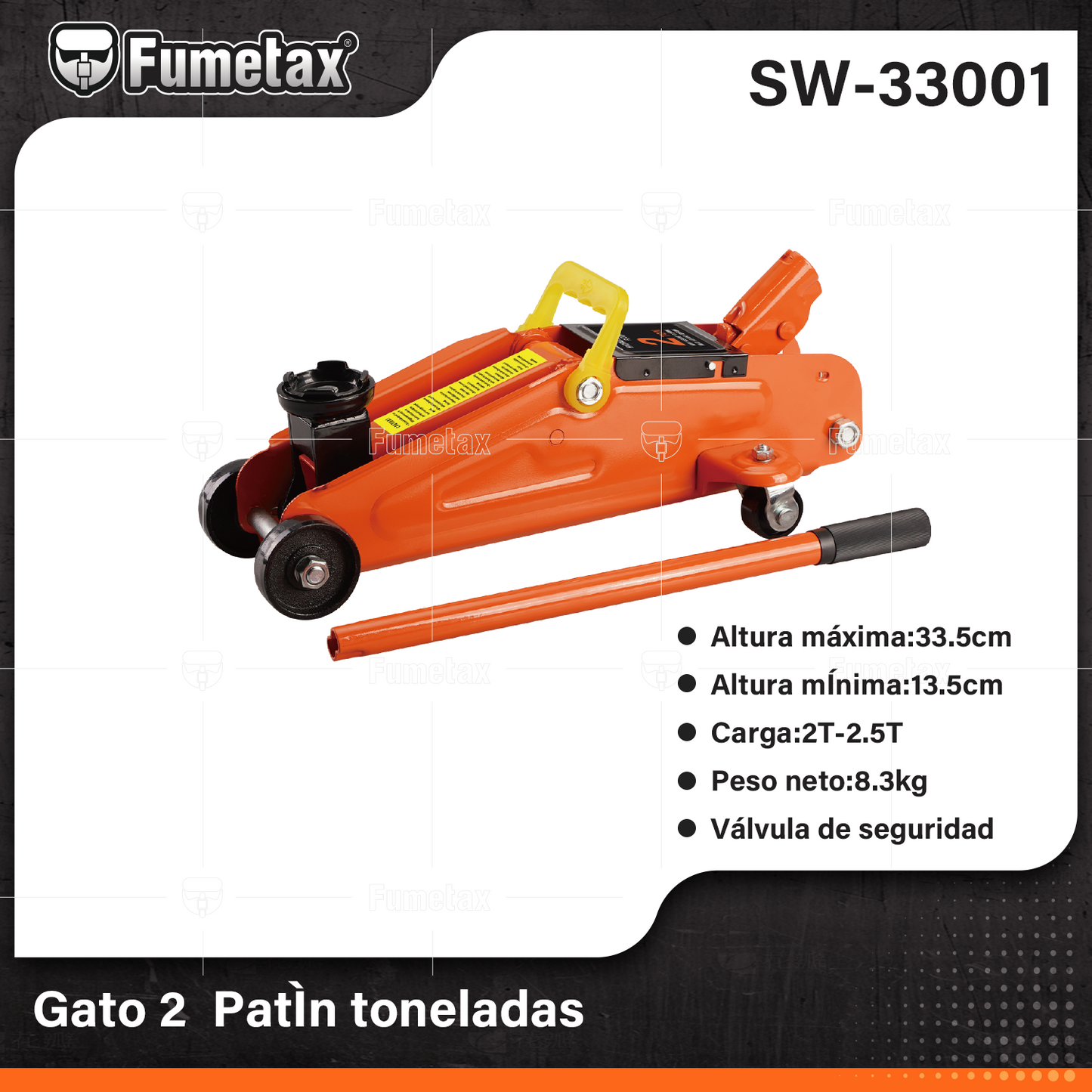 SW-33001-(Caja master 1 CTN=1 SKU)-(MOQ 1 SKU)-Gato hidráulico de patín 2T
Altura máxima:33.5cm