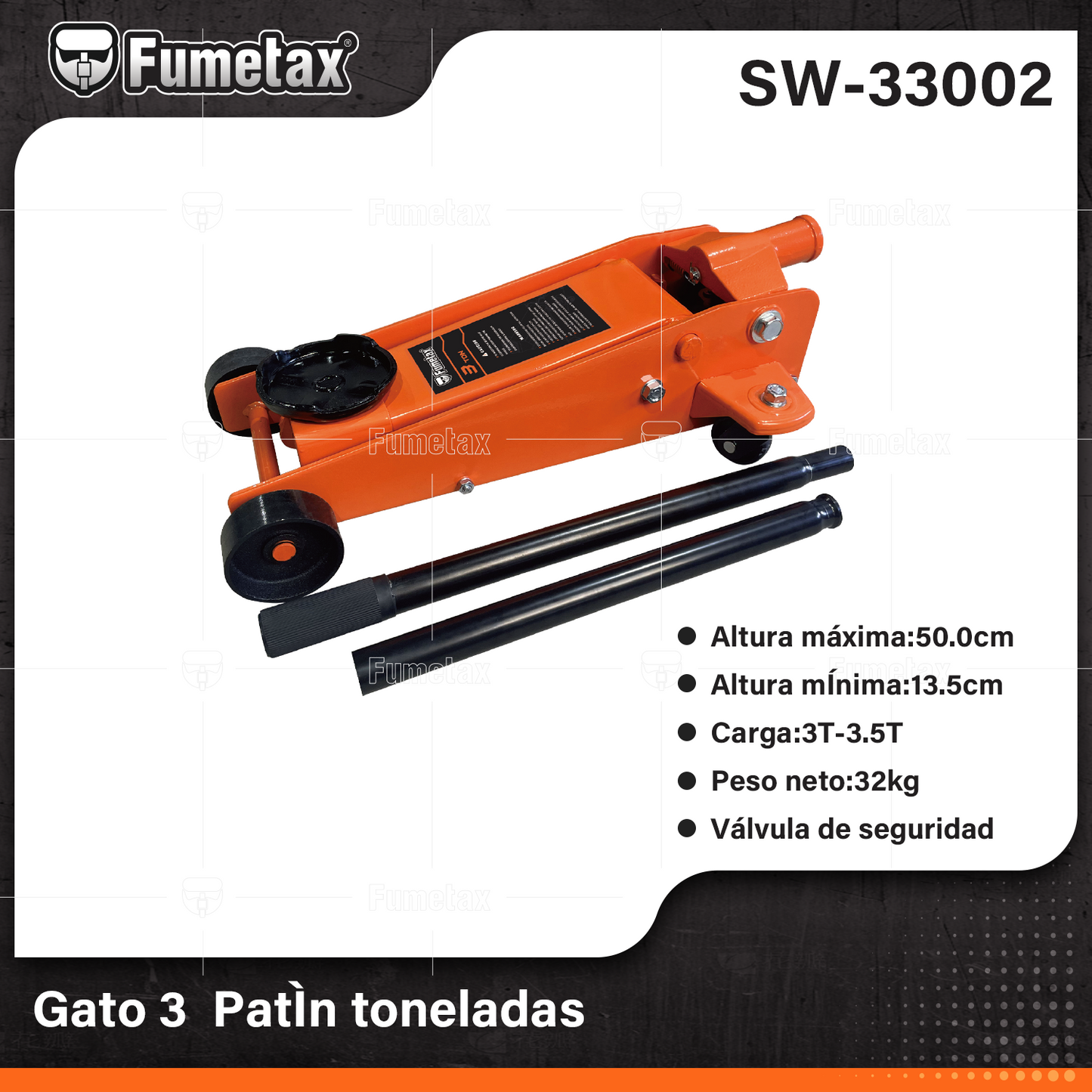 SW-33002-(Caja master 1 CTN=1 SKU)-(MOQ 1 SKU)-Gato hidráulico de patín 3T
Altura máxima:50.0cm