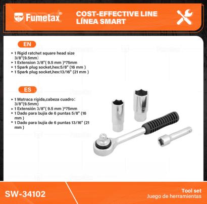 SW-34103-(Caja master 1 CTN=24 SKU)-(MOQ 1 SKU)-1 Matraca rígida,cabeza cuadro：3/8"(9.5mm)
1 Extensión 3/8"( 9.5 mm )*75mm
