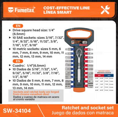 SW-34104-(Caja master 1 CTN=10 SKU)-(MOQ 1 SKU)-Dados y cuerpo de matraca en acero al cromo vanadio
Matraca con botón de liberación rápida y mango moleteado antiderrapante para un mejor agarre