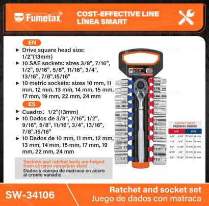 SW-34106-(Caja master 1 CTN=10 SKU)-(MOQ 1 SKU)-Dados y cuerpo de matraca en acero al cromo vanadio
Matraca con botón de liberación rápida y mango moleteado antiderrapante para un mejor agarre