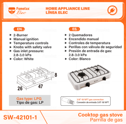 SW-42401-1-(Caja master 1 CTN=1 SKU)-(MOQ 1 SKU)-2 Quemadores
Encendido manual
