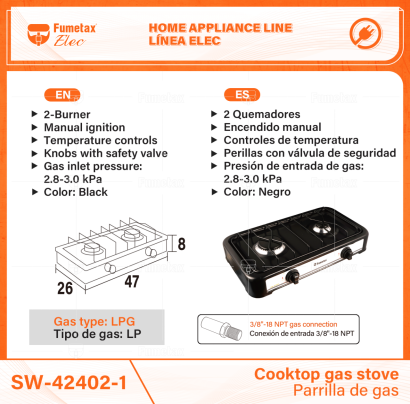 SW-42402-1-(Caja master 1 CTN=1 SKU)-(MOQ 1 SKU)-2 Quemadores
Encendido manual