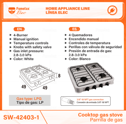 SW-42403-1-(Caja master 1 CTN=1 SKU)-(MOQ 1 SKU)-4 Quemadores
Encendido manual