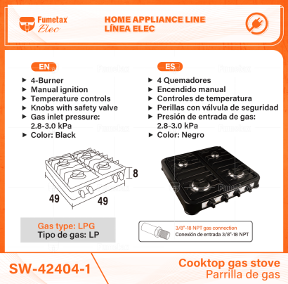SW-42404-1-(Caja master 1 CTN=1 SKU)-(MOQ 1 SKU)-4 Quemadores
Encendido manual