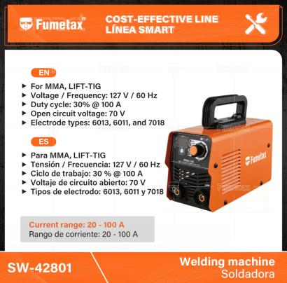 SW-42801-(Caja master 1 CTN=4 SKU)-(MOQ 1 SKU)-Con tecnología inverter IGBT; compacta, portátil, con mayor ciclo de trabajo y menor consumo eléctrico que una soldadora estándar
Cuenta con Fuerza de arco, Arranque en caliente, Anti-adhesión y Protección
