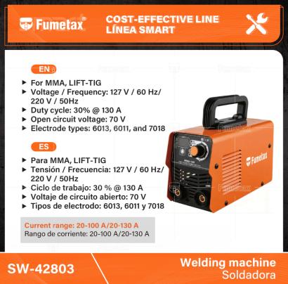 SW-42803-(Caja master 1 CTN=4 SKU)-(MOQ 1 SKU)-Con tecnología inverter IGBT; compacta, portátil, con mayor ciclo de trabajo y menor consumo eléctrico que una soldadora estándar
Cuenta con Fuerza de arco, Arranque en caliente, Anti-adhesión y Protección