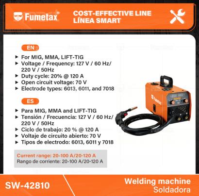 SW-42810-(Caja master 1 CTN=1 SKU)-(MOQ 1 SKU)-Con tecnología inverter IGBT; compacta, portátil, con mayor ciclo de trabajo y menor consumo eléctrico que una soldadora estándar
Cuenta con Arranque en caliente, Anti-adhesión y Protección térmica