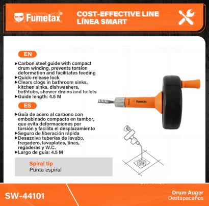 SW-44101-(Caja master 1 CTN=12 SKU)-(MOQ 1 SKU)-Guía de acero al carbono con embobinado compacto en tambor, que evita deformaciones por torsión y facilita el desplazamiento
Punta espiral