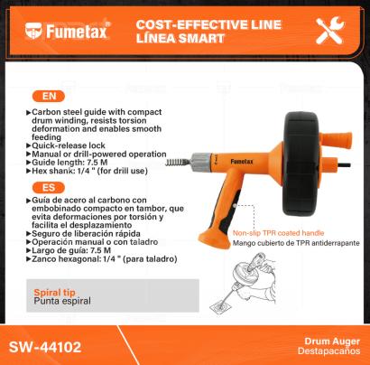 SW-44102-(Caja master 1 CTN=4 SKU)-(MOQ 1 SKU)-Guía de acero al carbono con embobinado compacto en tambor, que evita deformaciones por torsión y facilita el desplazamiento
Punta espiral