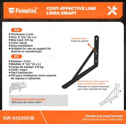 SW-5102001B-(Caja master 1 CTN=10 SKU)-(MOQ 1 SKU)-Ménsula de acero reforzada
Espesor:4mm