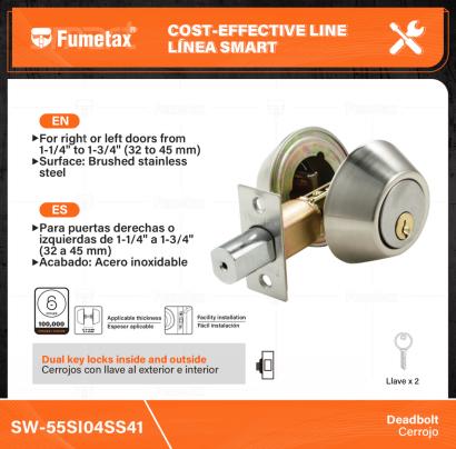 SW-55SI04SS41-(Caja master 1 CTN=24 SKU)-(MOQ 1 SKU)-Cerrojos con llave al exterior e interior
Para puertas derechas o izquierdas de 1-1/4" a 1-3/4" (32 a 45 mm)