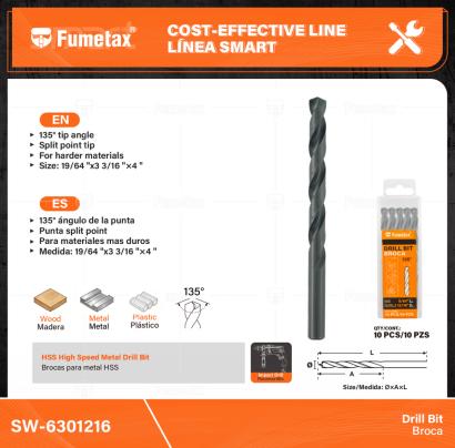 SW-6301216-(Caja master 1 CTN= 200 SKU)-(MOQ 5 SKU)-Uso en metales ferrosos, no ferrosos, madera y plástico
Punta tradicional